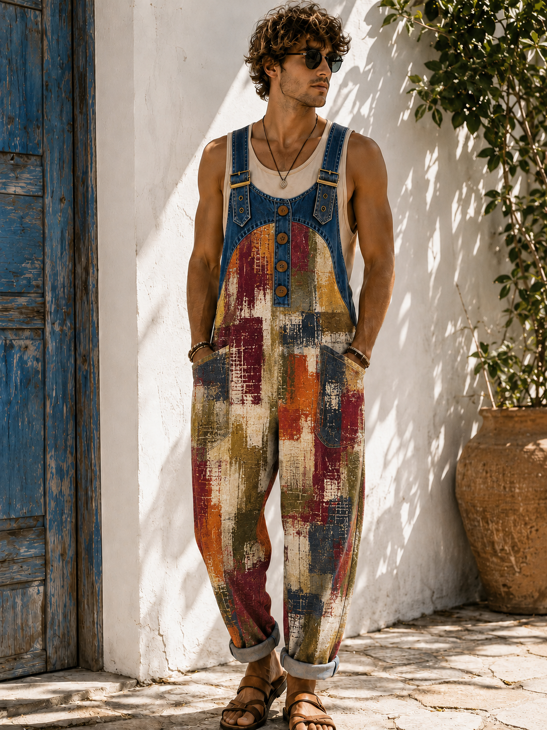 Men's Retro Art Print Casual Sleeveless Denim Patchwork Jumpsuit